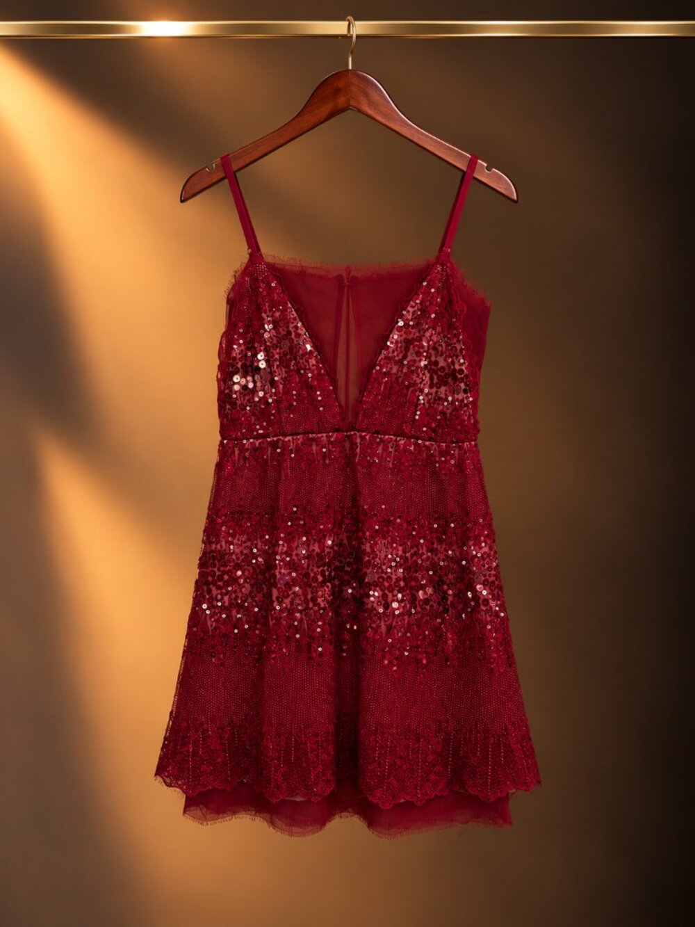 X by NBD Red Sequin Plunge Mini Dress Embroidered Tulle Size M NWT